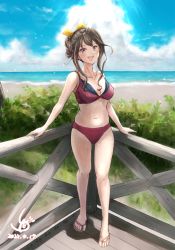 Rule 34 | 1girl, :d, beach, bikini, black hair, breasts, collarbone, dated, full body, hair up, highres, kantai collection, ld (luna dial398), looking at viewer, medium breasts, multicolored hair, naganami (kancolle), navel, ocean, open mouth, outdoors, pink hair, red bikini, sandals, signature, sky, smile, solo, sunlight, swimsuit, two-tone hair, veranda, yellow eyes