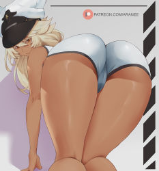 Rule 34 | 1girl, araneesama, ass, bare shoulders, cameltoe, colored eyelashes, dark-skinned female, dark skin, from behind, from below, guilty gear, hair between eyes, lips, long hair, looking at viewer, looking back, raised eyebrows, ramlethal valentine, shiny skin, skindentation, solo, thighs, white background, white headwear