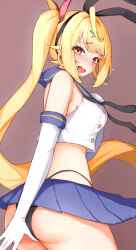 Rule 34 | 1girl, absurdres, alternate costume, ass, black panties, blonde hair, blue sailor collar, blush, breasts, brown background, buttons, commentary request, cosplay, covering privates, covering ass, cowboy shot, crop top, crop top overhang, cropped shirt, double-breasted, elbow gloves, embarrassed, from behind, from side, gloves, hair ornament, hairclip, hazuki tsubatsuna, heterochromia, highleg, highleg panties, highres, hoshikawa sara, kantai collection, long hair, looking at viewer, medium breasts, nijisanji, open mouth, panties, panty straps, red eyes, sailor collar, school uniform, serafuku, shimakaze (kancolle), shimakaze (kancolle) (cosplay), shirt, side ponytail, simple background, sleeveless, sleeveless shirt, solo, thong, twisted torso, underwear, very long hair, virtual youtuber, white gloves, white shirt, x hair ornament, yellow eyes