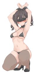 Rule 34 | 1girl, absurdres, armpits, arms up, bikini, black bikini, black blindfold, black footwear, black hair, black thighhighs, blindfold, blush, bound, bound wrists, breasts, breasts apart, clenched hands, collarbone, covered erect nipples, covered eyes, earrings, high heels, highres, idolmaster, idolmaster cinderella girls, jewelry, looking at viewer, medium breasts, navel, nose blush, simple background, skindentation, solo, squatting, stomach, stud earrings, sunazuka akira, sweatdrop, swimsuit, thighhighs, twintails, wasabijoyu76, white background