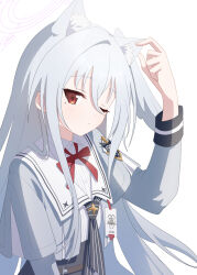 Rule 34 | 1girl, animal ear fluff, animal ears, blue archive, blush, cat ears, closed mouth, grey hair, grey jacket, halo, highres, jacket, kaerunrun, long hair, long sleeves, looking at viewer, one eye closed, open clothes, open jacket, pink halo, red eyes, simple background, solo, suzumi (blue archive), upper body, white background