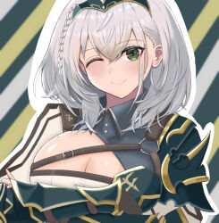 Rule 34 | 1girl, armor, braid, breasts, chest guard, chest strap, cleavage, cleavage cutout, closed mouth, clothing cutout, crossed arms, green eyes, grey hair, hanma amnah, highres, hololive, large breasts, mole, mole on breast, pauldrons, shirogane noel, shirogane noel (1st costume), short hair, shoulder armor, single pauldron, smile, solo, striped, striped background, tiara, upper body, vambraces, virtual youtuber
