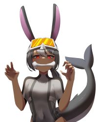 Rule 34 | absurdres, animal ears, commission, commissioner upload, fins, fish tail, goggles, goggles on head, highres, indie virtual youtuber, original, rabbit ears, shark tail, sharkabbit, sharp teeth, tail, tan, teeth, virtual youtuber