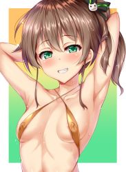 Rule 34 | 1girl, arched back, areola slip, armpits, arms behind head, arms up, bikini, blush, breasts, breasts apart, brown hair, collarbone, commentary request, covered erect nipples, gold bikini, gradient background, green eyes, grin, hair ornament, half-closed eyes, halterneck, highres, hololive, kuragari, long hair, natsuiro matsuri, outside border, simple background, small breasts, smile, solo, swimsuit, upper body, virtual youtuber, wet