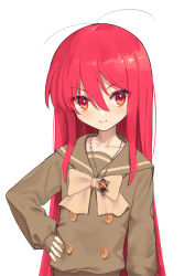 Rule 34 | 1girl, alastor (shakugan no shana), antenna hair, beige bow, bow, bowtie, collarbone, commentary request, eyes visible through hair, hair between eyes, hand on own hip, highres, jewelry, long hair, long sleeves, looking at viewer, necklace, ohlia, red eyes, red hair, school uniform, shakugan no shana, shana, simple background, sleeves past wrists, smile, solo, upper body, very long hair, white background