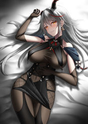 Rule 34 | 1girl, aegir (azur lane), azur lane, bare shoulders, black gloves, black legwear, black skirt, blush, bodystocking, breast curtains, breasts, check commentary, commentary request, cross, cross-laced clothes, cross earrings, demon horns, earrings, elbow gloves, from above, gloves, highres, horns, iron cross, jewelry, large breasts, long hair, looking at viewer, looking up, microskirt, multicolored hair, naga (pixiv70891418), red hair, skindentation, skirt, solo, streaked hair, taut clothes, two-tone hair, underbust, white hair, yellow eyes
