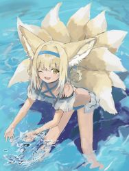 Rule 34 | 1girl, ;d, alternate costume, animal ears, arknights, bare shoulders, bikini, blonde hair, blue bikini, blue hairband, brown eyes, commentary request, fox ears, fox girl, fox tail, frilled bikini, frills, hair between eyes, hairband, highres, kitsune, kyuubi, leaning forward, looking at viewer, material growth, multicolored hair, multiple tails, off-shoulder bikini, off shoulder, one eye closed, open mouth, oripathy lesion (arknights), smile, solo, splashing, standing, suzuran (arknights), swimsuit, tail, two-tone hair, wading, waichi, water, white hair