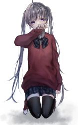 Rule 34 | 1girl, ahoge, black bow, bow, bowtie, enomoto nao, grey hair, hand up, highres, long sleeves, looking at viewer, original, plaid, plaid skirt, purple eyes, red footwear, red shirt, red sweater, school uniform, shirt, shoes, simple background, sitting, skirt, solo, sweater, thighhighs, twintails, white background