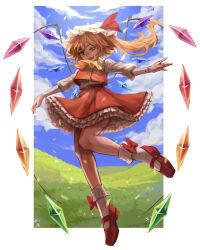 Rule 34 | 1girl, :d, absurdres, adapted costume, arms up, ascot, bare legs, blush, bobby socks, border, bow legwear, cloud, crystal, fangs, flandre scarlet, full body, full of energy, grass, happy, hat, highres, knees together feet apart, long sleeves, looking down, mary janes, mob cap, nose, open mouth, outdoors, outside border, petticoat, puffy long sleeves, puffy sleeves, red footwear, red skirt, red vest, shoes, short hair with long locks, skirt, skirt set, sky, smile, socks, solo, standing, standing on one leg, teeth, touhou, vest, white border, wings, yellow ascot