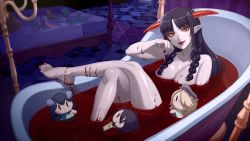 Rule 34 | barefoot, bath, black hair, blonde hair, blood, bloodbath, bloodless (bloodstained), bloodstained (series), breasts, cleavage, dominique (bloodstained), feet, highres, horns, large breasts, long hair, looking at viewer, miriam (bloodstained), nude, pointy ears, red eyes, smile, toes, vampire