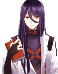 Rule 34 | 1boy, artist request, black hair, book, fate/prototype, fate/prototype: fragments of blue and silver, fate (series), hair between eyes, light smile, long hair, male focus, paracelsus (fate), purple hair, smile, solo, trap, yellow eyes