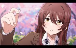 Rule 34 | 1girl, brown hair, brown jacket, cherry blossoms, close-up, highres, holding, holding petal, idolmaster, idolmaster shiny colors, jacket, letterboxed, long hair, long sleeves, nagami tami, osaki tenka, outdoors, parted lips, petals, school uniform, solo, yellow eyes