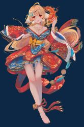 Rule 34 | 1girl, absurdres, ahoge, animal ears, ankle ribbon, bare legs, bare shoulders, barefoot, blonde hair, blue background, blue butterfly, bow, bracelet, breasts, bug, butterfly, butterfly hair ornament, chinese clothes, cleavage, cloud print, crossed legs, dress, dress bow, ears down, fire, floating hair, floral print, fox ears, full body, grin, hair ornament, hands up, hanfu, highres, huyao xiao hongniang, insect, jewelry, layered dress, leg ribbon, long hair, long sleeves, looking at viewer, medium breasts, necklace, off-shoulder dress, off shoulder, pyrokinesis, red dress, red eyes, red ribbon, ribbon, short dress, smile, solo, standing, tushan honghong, very long hair, watson cross, wide sleeves, yellow bow, yi er san