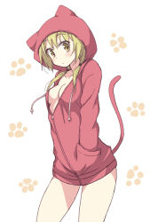 Rule 34 | 1girl, animal hood, blonde hair, breasts, cat tail, cowboy shot, drawstring, expressionless, female focus, hair over shoulder, hands in pockets, hood, hoodie, ichii yui, long hair, looking at viewer, mel (melty pot), naked hoodie, no bra, no pants, open clothes, paw print, simple background, solo, tail, twintails, unzipped, white background, yellow eyes, yuyushiki