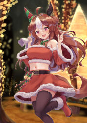 Rule 34 | 1girl, animal ears, bag, bare shoulders, black thighhighs, blush, boots, bow, breasts, brown hair, cape, commentary request, copano rickey (umamusume), detached collar, detached sleeves, ear covers, ear ornament, fang, fur-trimmed cape, fur-trimmed footwear, fur trim, green bow, hair between eyes, hair ornament, highres, holding, holding bag, horse ears, horse girl, horse tail, medium breasts, midriff, multicolored hair, navel, night, ochikata kage, open mouth, outdoors, pink eyes, smile, solo, streaked hair, tail, tassel, tassel hair ornament, thighhighs, umamusume, white hair