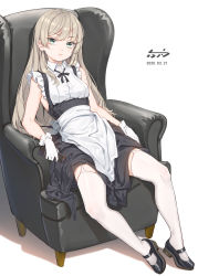 Rule 34 | 1girl, apron, bare shoulders, black dress, black footwear, brown hair, chair, controller, dated, dress, fangxiang cuoluan, female focus, frilled dress, frills, garter straps, gloves, green eyes, highres, holding, long hair, looking at viewer, maid, maid apron, mary janes, original, remote control, shoes, simple background, sitting, sleeveless, sleeveless dress, solo, thighhighs, very long hair, waist apron, white background, white gloves, white thighhighs, wing collar
