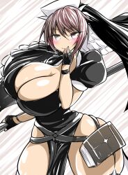 Rule 34 | 1girl, action taimanin, alternate costume, artist request, blush, book, boots, breasts, cleavage, curvy, feet out of frame, fingernails, highres, holding, holding weapon, huge breasts, looking at viewer, mizuki shiranui, nun, official alternate costume, red eyes, shiny skin, short hair, smile, solo, taimanin (series), taimanin rpgx, weapon, wide hips