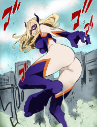 Rule 34 | 10s, 1girl, ass, blonde hair, bodysuit, boku no hero academia, breasts, building, city, colorized, domino mask, drill hair, excited, feet, fighting, full body, giant, giantess, gloves, grin, happy, highres, horns, kurose kousuke, large breasts, leg up, long hair, looking at viewer, looking back, mask, mount lady, no shoes, outdoors, outstretched arm, parted lips, skin tight, sky, smile, smoke, soles, solo, standing, standing on one leg, superhero costume, teeth, thighhighs