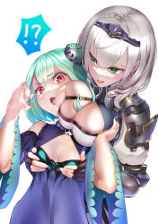 Rule 34 | !?, 2girls, absurdres, animal print, blue hair, blush, bow, breasts, butterfly print, cleavage, cleavage cutout, clothing cutout, detached collar, double bun, dress bow, earrings, grabbing, grabbing another&#039;s breast, gradient hair, green eyes, green hair, hair bun, hair ornament, hair ribbon, highres, hololive, jewelry, large breasts, mishima psycho, multicolored hair, multiple girls, open mouth, red eyes, ribbon, shirogane noel, shirogane noel (1st costume), short hair, sidelocks, skull earrings, skull hair ornament, small breasts, two side up, uruha rushia, uruha rushia (1st costume), virtual youtuber, wide sleeves