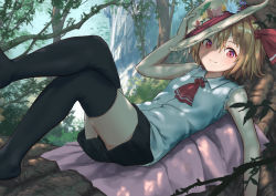 Rule 34 | 1girl, adapted costume, arm up, ascot, bare arms, bare shoulders, black shorts, black thighhighs, blonde hair, blue flower, branch, breasts, commentary request, crossed legs, feet out of frame, flower, forest, hair between eyes, hair ribbon, hat, hat flower, knee up, leaf, leg up, looking at viewer, nature, no shoes, outdoors, red ascot, red eyes, red ribbon, ribbon, roke (taikodon), rumia, shirt, short hair, short shorts, shorts, sleeveless, sleeveless shirt, small breasts, smile, solo, sun hat, thighhighs, thighs, touhou, tree, white shirt, yellow flower