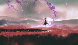 Rule 34 | 1girl, absurdres, bad id, bad pixiv id, black hat, black skirt, black vest, branch, cherry blossoms, chinese commentary, commentary, facing away, flower, green hair, gu yue yuan, hat, hat ribbon, highres, mountainous horizon, petals, rain, red flower, red ribbon, ribbon, scenery, shiki eiki, shirt, short hair, skirt, solo, spider lily, touhou, vest, white ribbon, white shirt, wide shot
