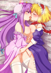 Rule 34 | 2girls, alice margatroid, artist name, asymmetrical docking, bed, blonde hair, blush, bon (rump), breast press, breasts, closed eyes, commission, dress, female pubic hair, fingering, french kiss, hair bun, hairband, highres, kiss, long hair, looking at another, medium breasts, multiple girls, mutual fingering, mutual masturbation, nipples, patchouli knowledge, pubic hair, purple eyes, purple hair, saliva, short hair, skeb commission, sweat, thighhighs, tongue, touhou, yuri