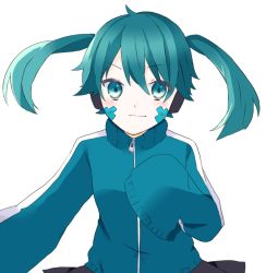 Rule 34 | 1girl, bad id, bad pixiv id, blush, ene (kagerou project), facial mark, green eyes, hair ornament, hair ribbon, headphones, jacket, kagerou project, looking at viewer, oversized clothes, pleated skirt, ribbon, shirt, short hair, short twintails, simple background, skirt, smile, solo, track jacket, twintails, umi (yuutaka), vocaloid, white background, yamaha