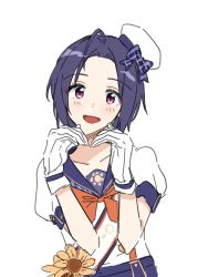 Rule 34 | 1girl, ahoge, blue hair, blush, danji bang, dark blue hair, forehead, gloves, hat, heart arms, highres, idolmaster, idolmaster (classic), idolmaster million live!, looking at viewer, mini hat, miura azusa, parted bangs, puffy short sleeves, puffy sleeves, red eyes, short hair, short sleeves, simple background, smile, solo, upper body, white background, white gloves