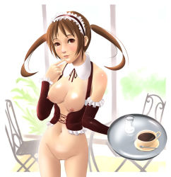 Rule 34 | 1girl, blush, bottomless, breasts, brown eyes, brown hair, chair, cleft of venus, coffee, corset, cup, detached collar, elbow gloves, female focus, frills, gloves, headdress, lips, long hair, maid, maid headdress, medium breasts, navel, nipples, original, pussy, shuuji (shumi), solo, table, tray, twintails, uncensored, waitress