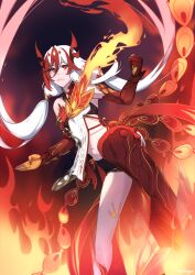 Rule 34 | 1girl, absurdres, animal hands, animal legs, bare shoulders, black shorts, black sports bra, breasts, chinese clothes, claws, closed mouth, detached sleeves, elbow gloves, fire, fu hua, fu hua (garuda), gloves, hair between eyes, highres, honkai (series), honkai impact 3rd, long hair, looking at viewer, low-tied long hair, low twintails, multicolored hair, navel, onshigou, red eyes, red gloves, red hair, red rope, red scales, rope, short shorts, shorts, small breasts, solo, sports bra, sportswear, standing, standing on one leg, stomach, streaked hair, symbol-shaped pupils, tail, thighs, twintails, two-tone hair, white hair, yellow pupils