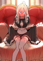 Rule 34 | 1girl, @ @, absurdres, ahoge, blonde hair, blue eyes, blush, breasts, bural chingu, cleavage, dress, garter straps, highres, large breasts, luke (dydansgur), original, park no-a, sitting, skirt hold, solo, sweatdrop, thighhighs, torn clothes, torn thighhighs, two side up, wavy mouth, white thighhighs