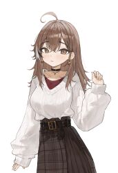 Rule 34 | 1girl, absurdres, ahoge, arch 05x, arm up, belt, berry, black choker, brown eyes, brown hair, brown skirt, choker, crossed bangs, earrings, fingernails, food-themed earrings, highres, hololive, hololive english, jewelry, long hair, long skirt, looking at viewer, multicolored hair, nanashi mumei, nanashi mumei (casual), necklace, official alternate costume, oversized clothes, plaid, plaid skirt, pleated skirt, red shirt, shirt, skirt, sleeves past wrists, streaked hair, sweater, virtual youtuber, white sweater
