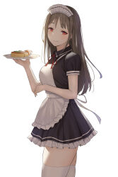Rule 34 | 1girl, absurdres, apron, black dress, breasts, brown hair, closed mouth, collared dress, commentary, cowboy shot, cup, dress, food, frilled apron, frilled dress, frills, from side, hand up, highres, holding, holding plate, light blush, long hair, looking at viewer, maid, maid headdress, medium breasts, murding, neck ribbon, original, pie, plate, red eyes, red ribbon, ribbon, short sleeves, simple background, solo, thighhighs, white apron, white background, white thighhighs
