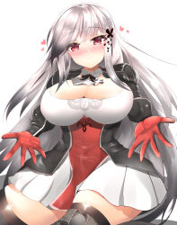 Rule 34 | 1girl, azur lane, balut (7676i), black legwear, blush, breasts, butterfly hair ornament, cleavage, commentary request, dunkerque (azur lane), gloves, grey hair, hair ornament, heart, highres, large breasts, long hair, long sleeves, looking at viewer, red eyes, red gloves, smile