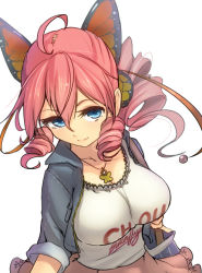 Rule 34 | 1girl, ahoge, alternate costume, bad id, bad pixiv id, blue eyes, breasts, butterfly hair ornament, casual, denim, denim jacket, drill hair, drill ponytail, from above, hair between eyes, hair ornament, jacket, jewelry, large breasts, magister, necklace, open clothes, open jacket, original, pink hair, revision, sakuraba himari (magister), shirt, simple background, sleeves rolled up, solo, taut clothes, taut shirt, twin drills, twintails, white background