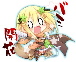 Rule 34 | &gt;:d, 0 0, 1girl, :d, bandages, bandaged arm, bandages, blonde hair, blush, chibi, commentary request, flower knight girl, hair ornament, kadose ara, katabami (flower knight girl), open mouth, scarf, short hair, simple background, smile, solo, standing, standing on one leg, star (symbol), v-shaped eyebrows, white background