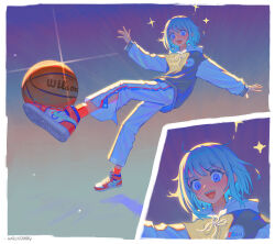 Rule 34 | 1girl, :d, absurdres, ball, basketball, basketball (object), fashion, full body, highres, hood, hoodie, kenharu, long sleeves, midair, national basketball association, nike (company), open mouth, orange socks, original, outstretched arms, pants, philadelphia 76ers, print sweater, shoes, short hair, smile, sneakers, socks, solo, sportswear, sweater, white eyes, white hair, white pants, wilson sporting goods