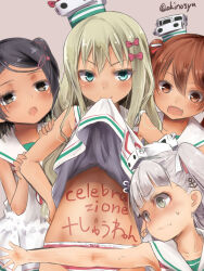 Rule 34 | 4girls, akino shuu, anniversary, black eyes, black hair, blonde hair, blush, body writing, bow, brown eyes, brown hair, closed mouth, clothes lift, dress, dress lift, fang, grecale (kancolle), green eyes, hair between eyes, hair bow, hair ornament, hairclip, kantai collection, libeccio (kancolle), lifted by self, long hair, maestrale (kancolle), mole, mole under eye, multiple girls, navel, one side up, open mouth, panties, pink bow, sailor collar, sailor dress, scirocco (kancolle), short hair, striped clothes, striped panties, twitter username, underwear, white dress, white hair, white sailor collar