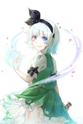 Rule 34 | 1girl, black bow, black hairband, blue eyes, blunt bangs, bow, chinese commentary, closed mouth, collared shirt, commentary request, cowboy shot, eyelashes, frilled skirt, frilled sleeves, frills, from behind, ghost, green skirt, green vest, hair bow, hairband, highres, hitodama print, holding, holding sword, holding weapon, katana, konpaku youmu, konpaku youmu (ghost), looking at viewer, looking back, making-of available, miniskirt, mioda xi, petals, puffy short sleeves, puffy sleeves, shirt, short hair, short sleeves, simple background, skirt, sleeve bow, smile, solo, sword, touhou, vest, weapon, white background, white hair, white shirt, white sleeves