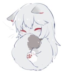 Rule 34 | 1girl, :3, animal ears, animal focus, animalization, arknights, biting, biting own tail, cat, cat ears, cat tail, closed eyes, closed mouth, commentary, curled up, grey fur, hug, no humans, simple background, sleeping, smile, solo, specter (arknights), symbol-only commentary, tail, tail biting, white background, zhu mianzi