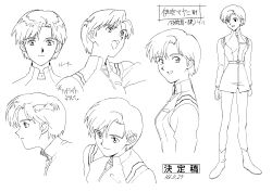 Rule 34 | 1990s (style), 1girl, absurdres, asymmetrical bangs, boots, character name, character sheet, expressions, from above, from side, full body, greyscale, highres, ibuki maya, looking to the side, military, military uniform, monochrome, multiple views, neon genesis evangelion, official art, portrait, production art, production note, retro artstyle, sadamoto yoshiyuki, short hair, signature, simple background, uniform, very short hair, white background, zip available