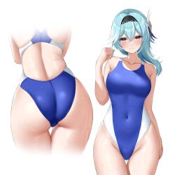 Rule 34 | 1girl, absurdres, arm at side, ass, asymmetrical hair, back, backless swimsuit, bare arms, bare back, bare shoulders, black hairband, blue hair, blue one-piece swimsuit, blush, breasts, clenched hand, closed mouth, commentary request, commission, competition swimsuit, covered navel, cowboy shot, eula (genshin impact), facing away, genshin impact, gradient eyes, groin, hair ornament, hairband, hand up, highleg, highleg swimsuit, highres, lace-trimmed hairband, lace trim, large breasts, looking at viewer, median furrow, multicolored eyes, multiple views, ncontrail (mgax7527), one-piece swimsuit, simple background, skeb commission, swimsuit, taut clothes, taut swimsuit, thigh gap, thighs, two-tone swimsuit, variant set, wet, white background, white one-piece swimsuit, yellow eyes