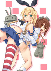 Rule 34 | 10s, 2girls, :o, ass, binoculars, blonde hair, blue eyes, breasts, brown eyes, brown hair, colored eyelashes, crop top, crop top overhang, dress, gloves, hairband, kantai collection, locked arms, long hair, looking at viewer, looking back, midriff, multiple girls, navel, open mouth, rensouhou-chan, sailor dress, school uniform, serafuku, shimakaze (kancolle), short hair, simple background, skirt, small breasts, smile, striped clothes, striped thighhighs, thighhighs, yayoi (egoistic realism), yukikaze (kancolle)