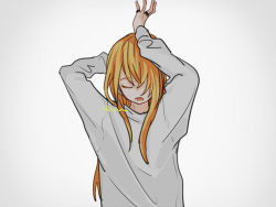 Rule 34 | 1boy, arm behind head, arms up, blonde hair, closed eyes, hair over one eye, jewelry, long hair, long sleeves, male focus, midare toushirou, multiple rings, nakano en, open mouth, oversized clothes, ring, solo, squiggle, sweater, touken ranbu, trap, very long hair, yawning