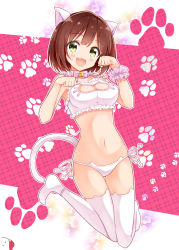 Rule 34 | 10s, 1girl, :d, animal ears, bell, blush, bra, breasts, brown hair, cat cutout, cat ear panties, cat ears, cat lingerie, cat tail, choker, cleavage, cleavage cutout, clothing cutout, collar, collarbone, fang, full body, green eyes, groin, head tilt, highres, idolmaster, idolmaster cinderella girls, large breasts, looking at viewer, maekawa miku, meme attire, nanakusa (user rnpt7322), navel, neck bell, open mouth, panties, paw pose, shiny skin, short hair, side-tie panties, smile, solo, tail, thigh gap, thighhighs, underwear, white bra, white panties, white thighhighs