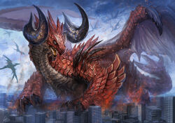 Rule 34 | animal focus, blue sky, building, city, claws, cloud, curled horns, day, dragon, flying, full body, giant, giant monster, horns, monster, no humans, open mouth, original, outdoors, scales, sharp teeth, signature, sky, smoke, spikes, tail, teeth, torihasiden, western dragon, wings