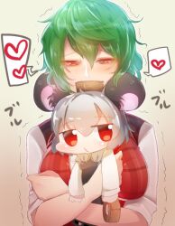 Rule 34 | 2girls, akira (cookie), animal ears, artist request, blush, breasts, capelet, cookie (touhou), dress, gag, gagged, green hair, grey dress, grey hair, heart, hug, improvised gag, kazami yuuka, large breasts, long sleeves, looking at another, looking at viewer, masking tape (medium), mouse ears, mouse girl, multiple girls, nazrin, nyon (cookie), o3o, plaid, plaid vest, red eyes, red vest, shirt, short hair, spoken heart, tape, tape gag, touhou, trembling, upper body, vest, white capelet, white shirt