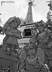 Rule 34 | 3boys, character request, cloud, cloudy sky, crossed arms, dated, eiffel tower, fire emblem, fire emblem: the binding blade, frown, greyscale, hat, headband, kid icarus, link, male focus, monochrome, multiple boys, nintendo, outdoors, pit (kid icarus), pointing, roy (fire emblem), scarvii, short hair, sketch, sky, the legend of zelda, wings