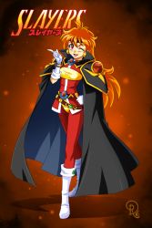 Rule 34 | 1girl, boots, cape, copyright name, drachea rannak, elbow gloves, full body, gloves, hand on own hip, headband, lina inverse, one eye closed, open mouth, orange hair, red eyes, slayers, smile, solo, watermark, white footwear, white gloves
