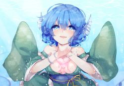 Rule 34 | 1girl, armlet, bad id, bad pixiv id, blue eyes, blue hair, breasts, cleavage, fins, head fins, highres, japanese clothes, jewelry, kaenuco, kimono, looking at viewer, matching hair/eyes, medium breasts, obi, sash, smile, solo, tears, touhou, underwater, wakasagihime